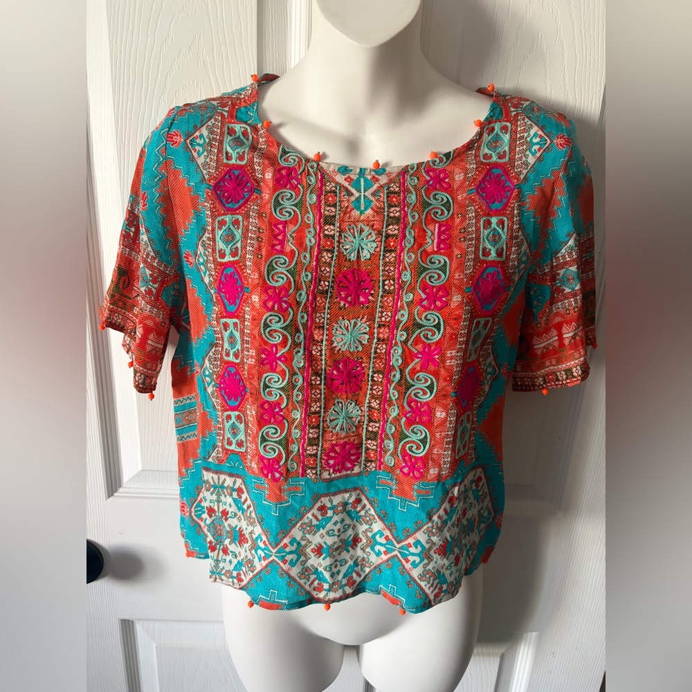 Hemant & Nandita Women's 100% Silk Short Sleeve Embroidered Boho Top Size XS